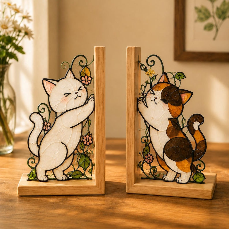 Katzen Buchstützen Glasmalerei Stil Holz Buchständer, Katzen Bücherregal Dekor, Katzenliebhaber Geschenk, Home Office Dekoration