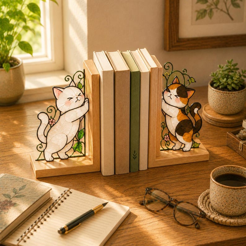Katzen Buchstützen Glasmalerei Stil Holz Buchständer, Katzen Bücherregal Dekor, Katzenliebhaber Geschenk, Home Office Dekoration