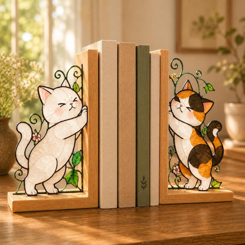 Katzen Buchstützen Glasmalerei Stil Holz Buchständer, Katzen Bücherregal Dekor, Katzenliebhaber Geschenk, Home Office Dekoration
