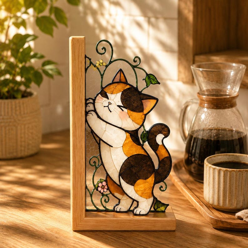 Katzen Buchstützen Glasmalerei Stil Holz Buchständer, Katzen Bücherregal Dekor, Katzenliebhaber Geschenk, Home Office Dekoration