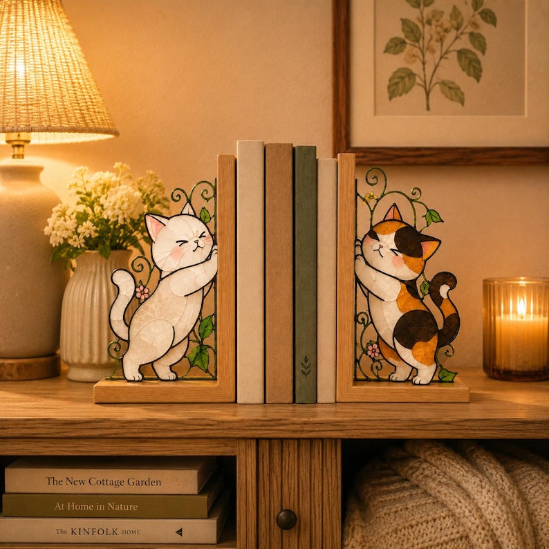 Katzen Buchstützen Glasmalerei Stil Holz Buchständer, Katzen Bücherregal Dekor, Katzenliebhaber Geschenk, Home Office Dekoration