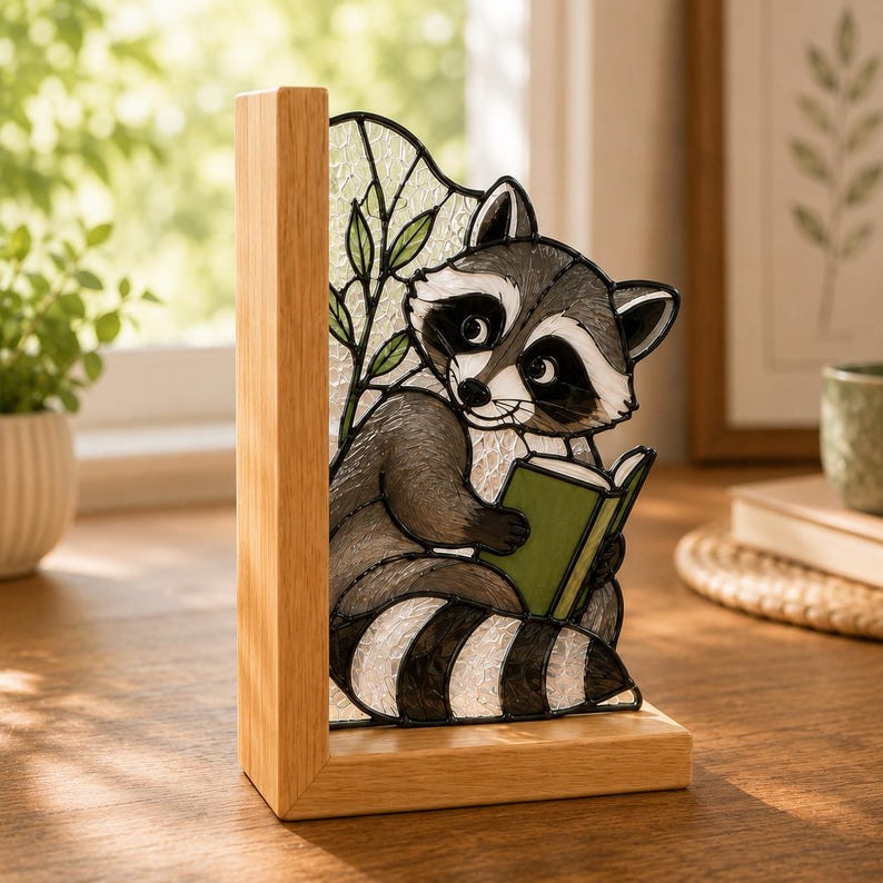 Panda & Waschbär Glas Buchstützen aus Holz, niedliche Tier Buchstützen für Bücherregal, Leseecke und Schreibtisch