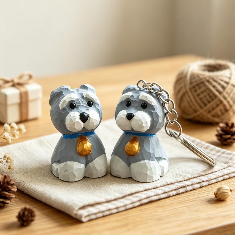 Handgeschnitzte Schnauzer Holzfigur und Schlüsselanhänger, 2 Stile, Taschenanhänger, Hund Accessoire