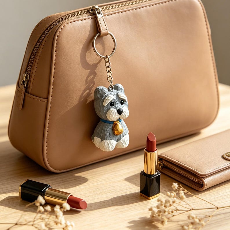 Handgeschnitzte Schnauzer Holzfigur und Schlüsselanhänger, 2 Stile, Taschenanhänger, Hund Accessoire