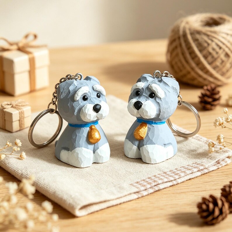 Handgeschnitzte Schnauzer Holzfigur und Schlüsselanhänger, 2 Stile, Taschenanhänger, Hund Accessoire