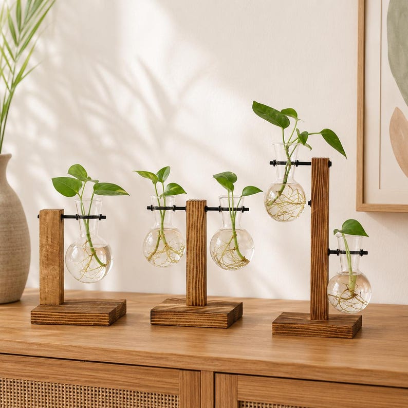 Anzuchtvase Holz Glas Hydrokultur Stecklingsvase Pflanzenhalter Boho Deko