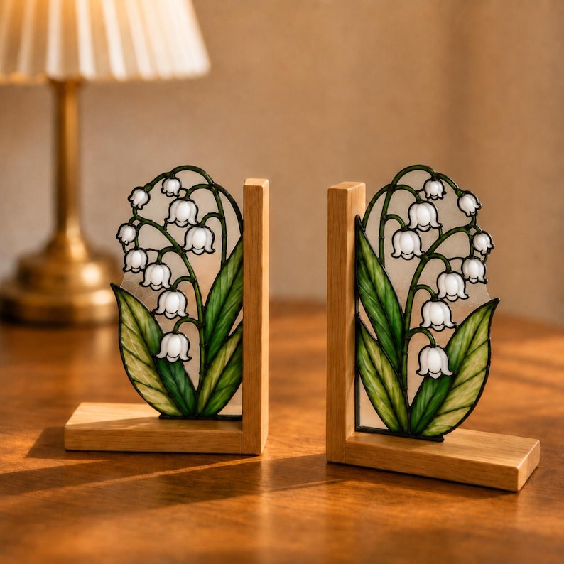 Maiglöckchen-Buchstützen aus Buntglas, Holz, botanische Deko, Bücherregalhalter