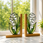 Maiglöckchen-Buchstützen aus Buntglas, Holz, botanische Deko, Bücherregalhalter