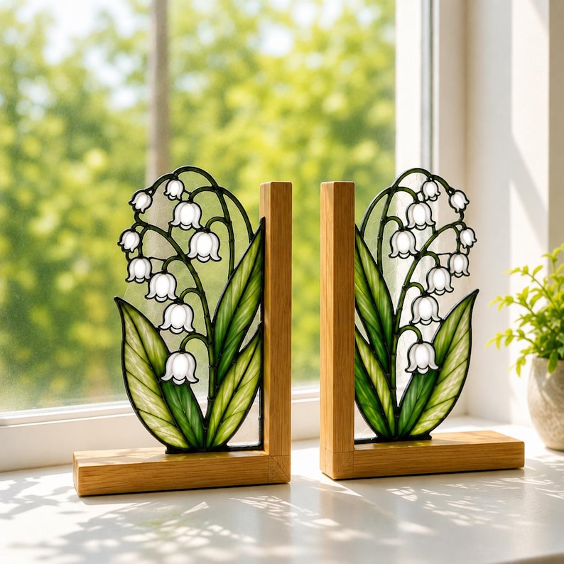 Maiglöckchen-Buchstützen aus Buntglas, Holz, botanische Deko, Bücherregalhalter