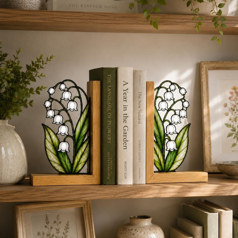 Maiglöckchen-Buchstützen aus Buntglas, Holz, botanische Deko, Bücherregalhalter