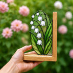 Maiglöckchen-Buchstützen aus Buntglas, Holz, botanische Deko, Bücherregalhalter