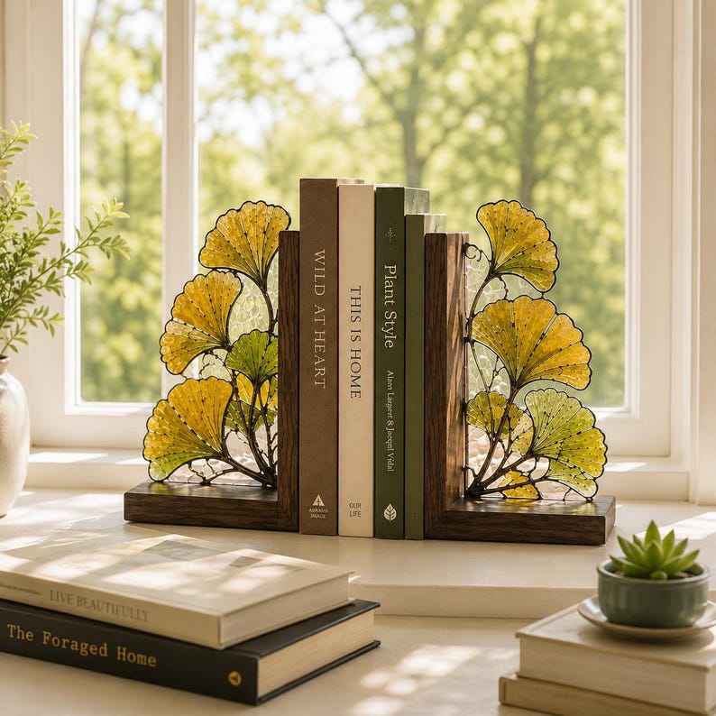 Ginkgoblatt-Buchstützen aus Holz im Buntglas-Stil, 2er-Set, botanische Bücherregal-Deko, Cottagecore-Stil, für Bücherregal, Schreibtisch, Bibliothek