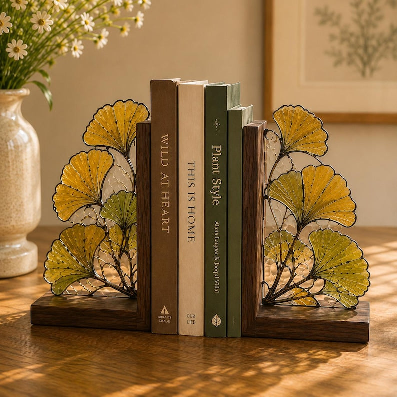 Ginkgoblatt-Buchstützen aus Holz im Buntglas-Stil, 2er-Set, botanische Bücherregal-Deko, Cottagecore-Stil, für Bücherregal, Schreibtisch, Bibliothek