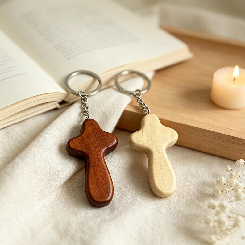 Holzkreuz Schlüsselanhänger 60x34x12 mm mit Metallring, christliches Geschenk