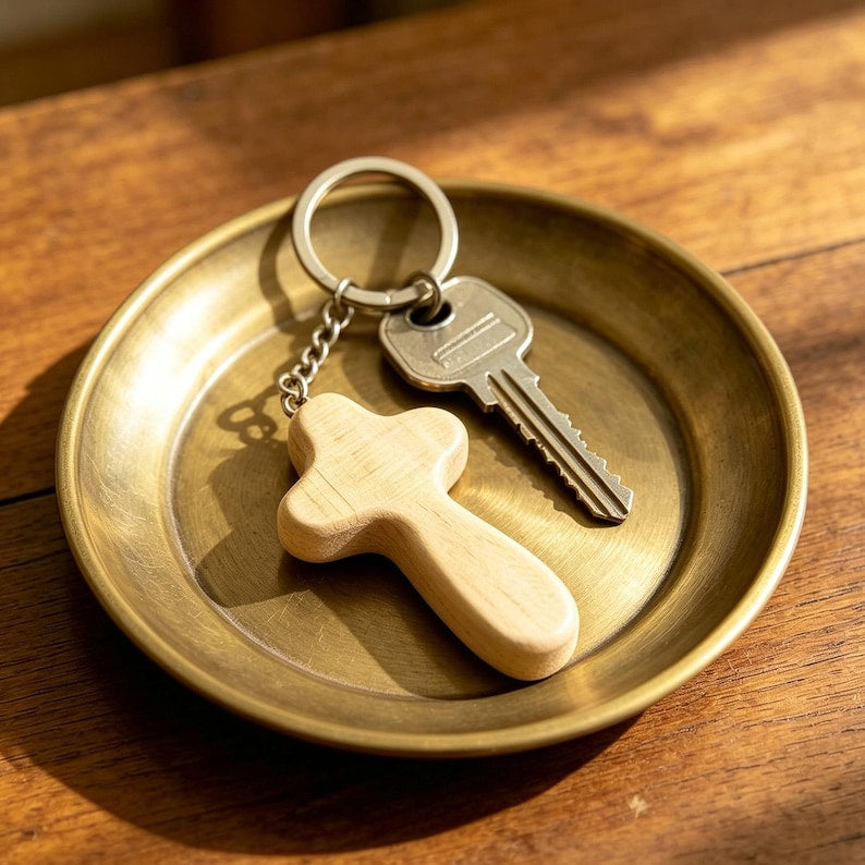 Holzkreuz Schlüsselanhänger 60x34x12 mm mit Metallring, christliches Geschenk