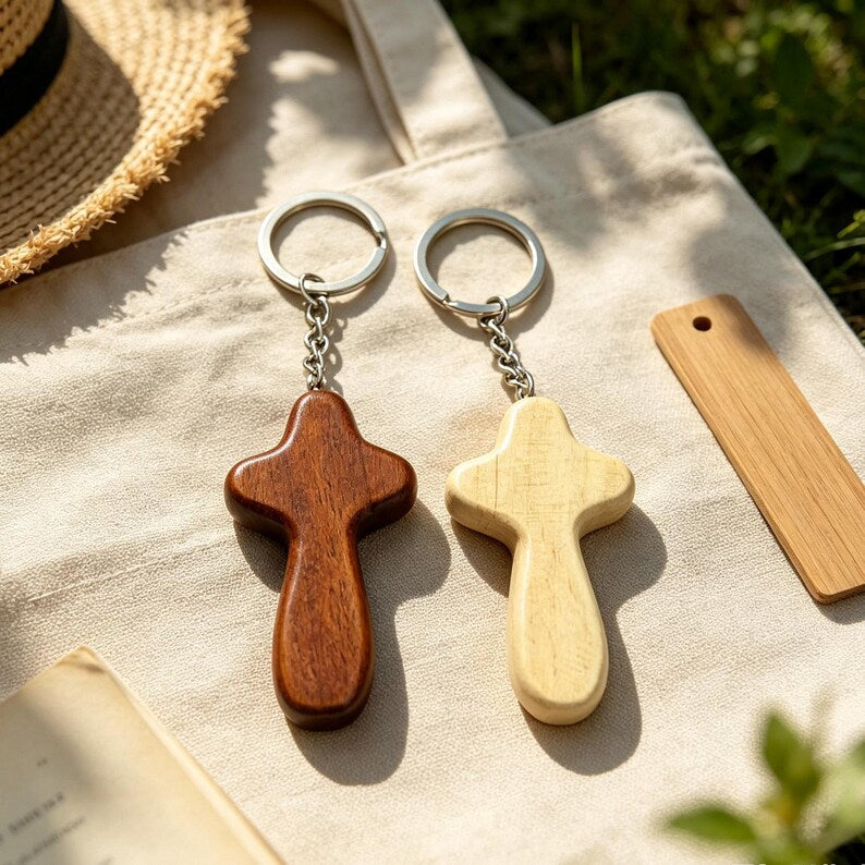 Holzkreuz Schlüsselanhänger 60x34x12 mm mit Metallring, christliches Geschenk