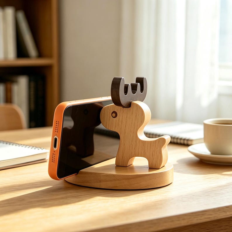 Handgeschnitzter Elch Handyhalter aus Buchenholz für Schreibtisch und Nachttisch
