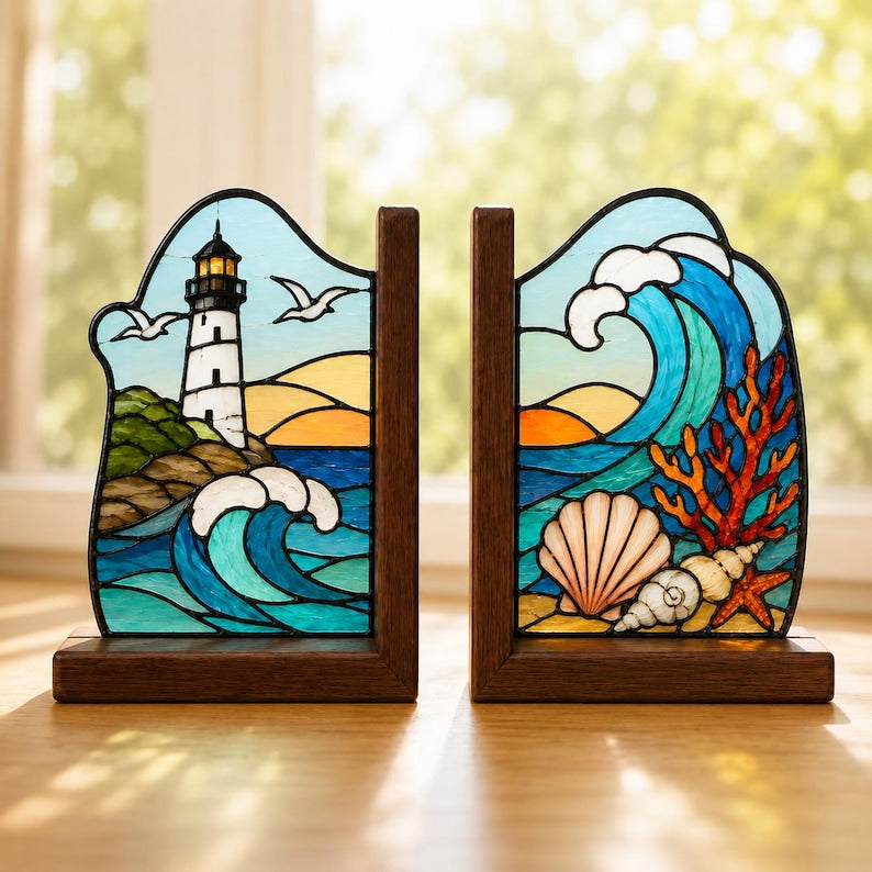 Leuchtturm Buchstützen aus Buntglas, Küsten-Deko mit Wellenmotiv, Buchhalter-Set für Bücherregal, Strandhaus Geschenk