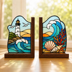 Leuchtturm Buchstützen aus Buntglas, Küsten-Deko mit Wellenmotiv, Buchhalter-Set für Bücherregal, Strandhaus Geschenk