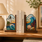 Leuchtturm Buchstützen aus Buntglas, Küsten-Deko mit Wellenmotiv, Buchhalter-Set für Bücherregal, Strandhaus Geschenk