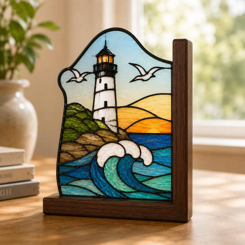 Leuchtturm Buchstützen aus Buntglas, Küsten-Deko mit Wellenmotiv, Buchhalter-Set für Bücherregal, Strandhaus Geschenk