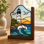 Leuchtturm Buchstützen aus Buntglas, Küsten-Deko mit Wellenmotiv, Buchhalter-Set für Bücherregal, Strandhaus Geschenk