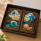 Leuchtturm Buchstützen aus Buntglas, Küsten-Deko mit Wellenmotiv, Buchhalter-Set für Bücherregal, Strandhaus Geschenk
