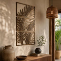 Wanddeko aus Metall mit Palmenblättern, tropische Wandpaneele, botanisches Triptychon, Japandi-Wanddeko, Boho-Wanddeko aus Metall, Deko-Set für über dem Bett