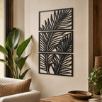 Wanddeko aus Metall mit Palmenblättern, tropische Wandpaneele, botanisches Triptychon, Japandi-Wanddeko, Boho-Wanddeko aus Metall, Deko-Set für über dem Bett