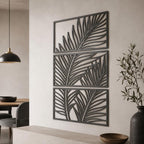 Wanddeko aus Metall mit Palmenblättern, tropische Wandpaneele, botanisches Triptychon, Japandi-Wanddeko, Boho-Wanddeko aus Metall, Deko-Set für über dem Bett