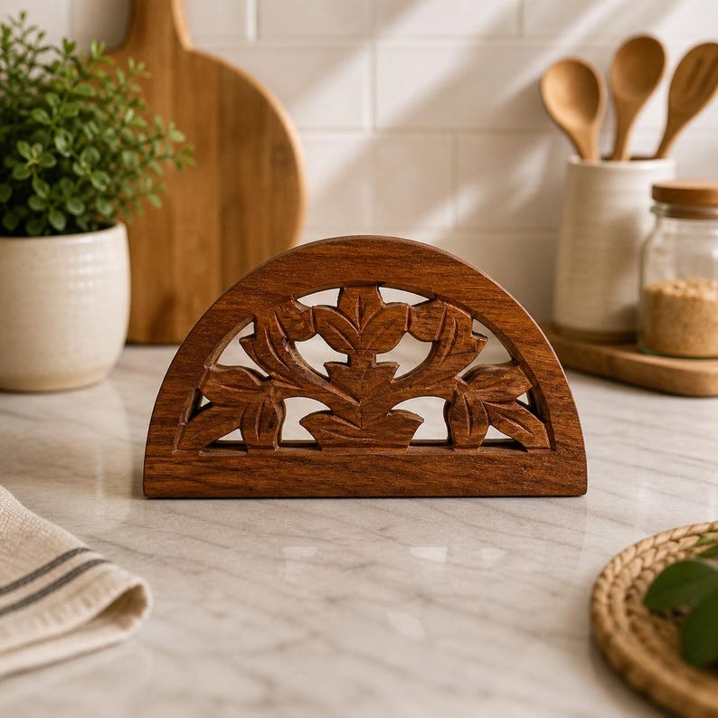 Serviettenhalter aus geschnitztem Holz, floral, rustikal, 18x10 cm, Massivholz