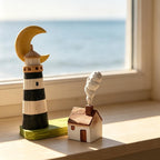Handgeschnitzte hölzerne Leuchtturm Figur, Halbmond Küsten Cottage Schreibtisch Ornament, nautisches Dekor