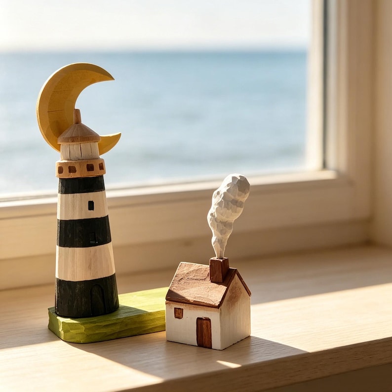 Handgeschnitzte hölzerne Leuchtturm Figur, Halbmond Küsten Cottage Schreibtisch Ornament, nautisches Dekor