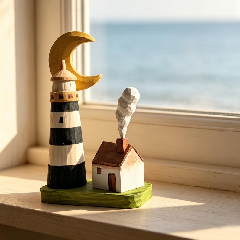 Handgeschnitzte hölzerne Leuchtturm Figur, Halbmond Küsten Cottage Schreibtisch Ornament, nautisches Dekor