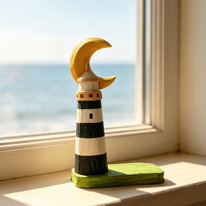 Handgeschnitzte hölzerne Leuchtturm Figur, Halbmond Küsten Cottage Schreibtisch Ornament, nautisches Dekor