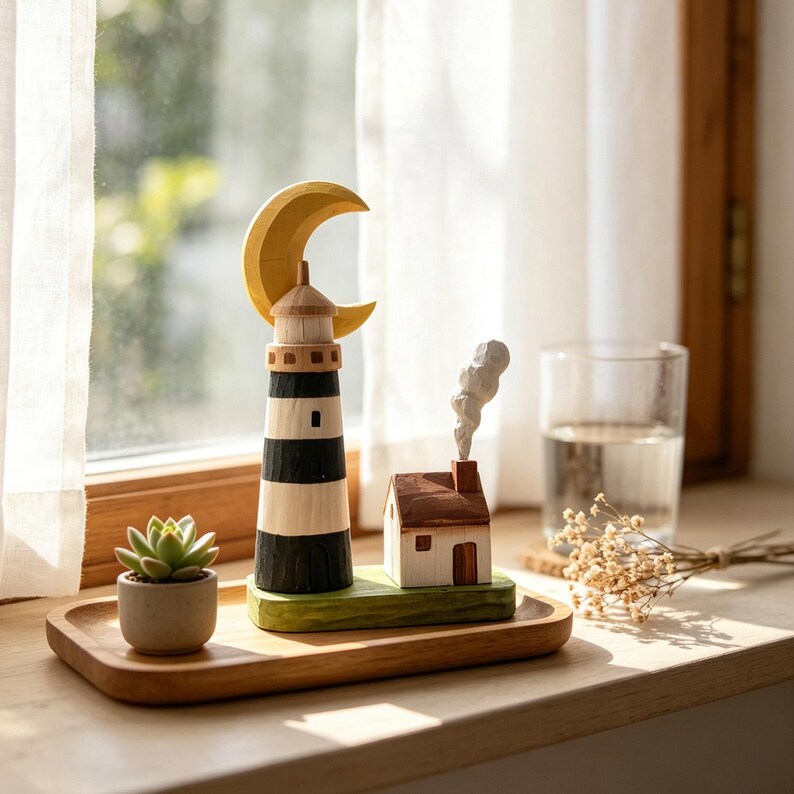 Handgeschnitzte hölzerne Leuchtturm Figur, Halbmond Küsten Cottage Schreibtisch Ornament, nautisches Dekor