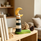 Handgeschnitzte hölzerne Leuchtturm Figur, Halbmond Küsten Cottage Schreibtisch Ornament, nautisches Dekor