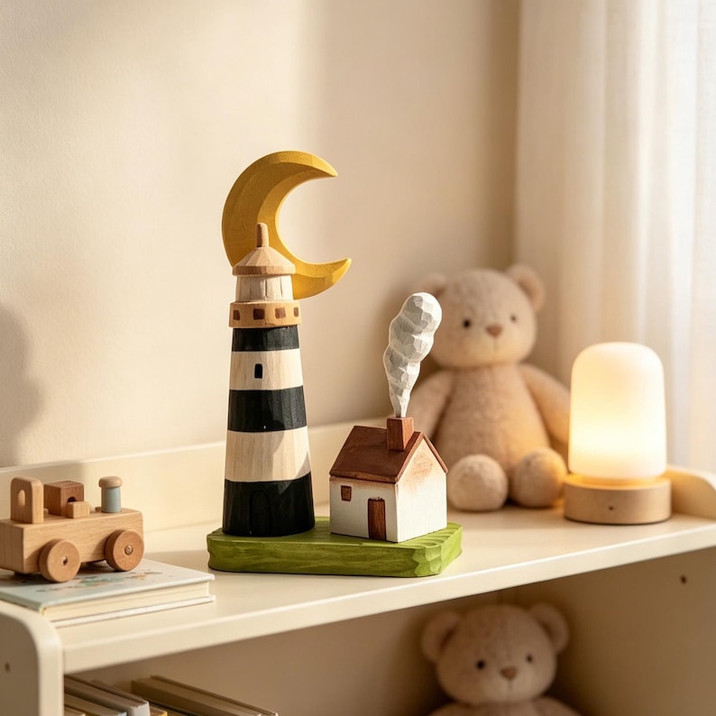 Handgeschnitzte hölzerne Leuchtturm Figur, Halbmond Küsten Cottage Schreibtisch Ornament, nautisches Dekor