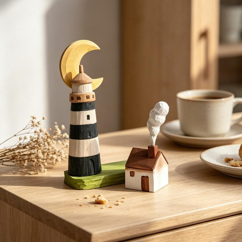 Handgeschnitzte hölzerne Leuchtturm Figur, Halbmond Küsten Cottage Schreibtisch Ornament, nautisches Dekor