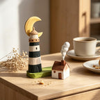 Handgeschnitzte hölzerne Leuchtturm Figur, Halbmond Küsten Cottage Schreibtisch Ornament, nautisches Dekor