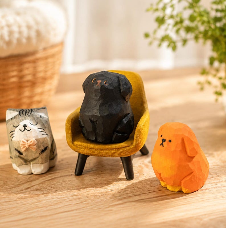 Handgeschnitzte hölzerne Katzen- und Hundeornamente, rustikale Bauernhaus-Boho-Wohnkultur für Schreibtisch