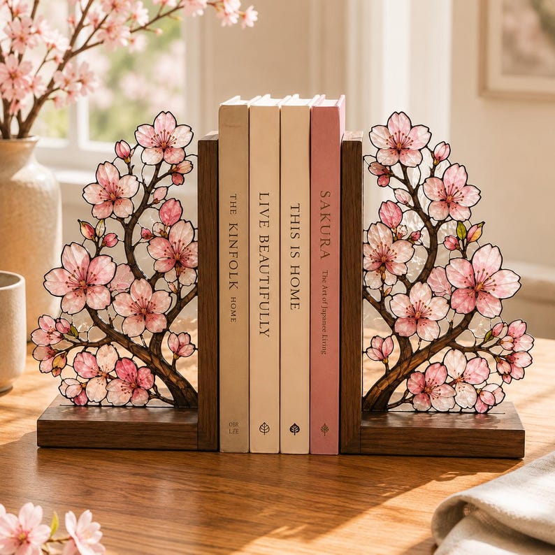 Kirschblüten-Buchstützen aus Glas mit Holzsockel, 2er-Set