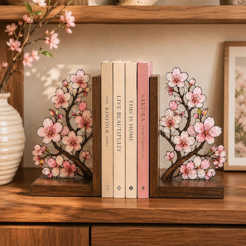Kirschblüten-Buchstützen aus Glas mit Holzsockel, 2er-Set