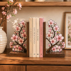 Kirschblüten-Buchstützen aus Glas mit Holzsockel, 2er-Set