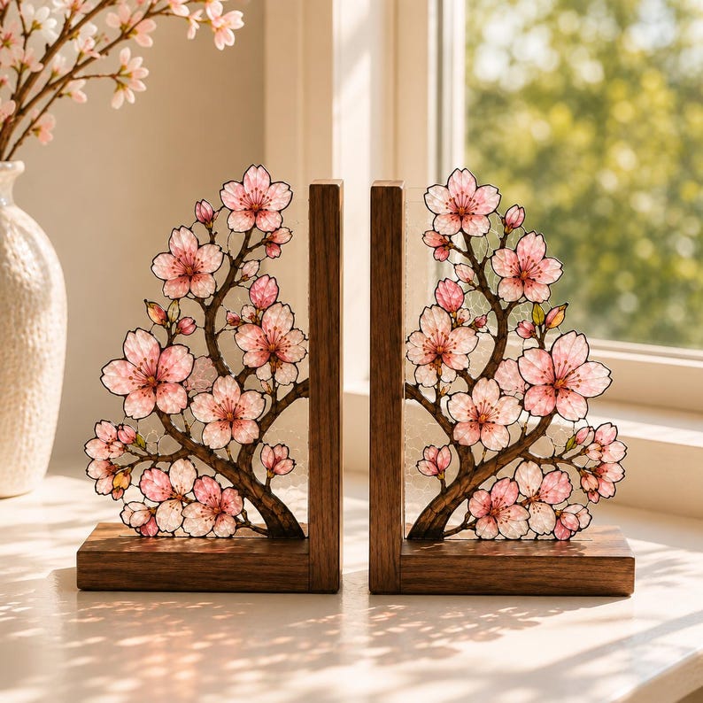 Kirschblüten-Buchstützen aus Glas mit Holzsockel, 2er-Set