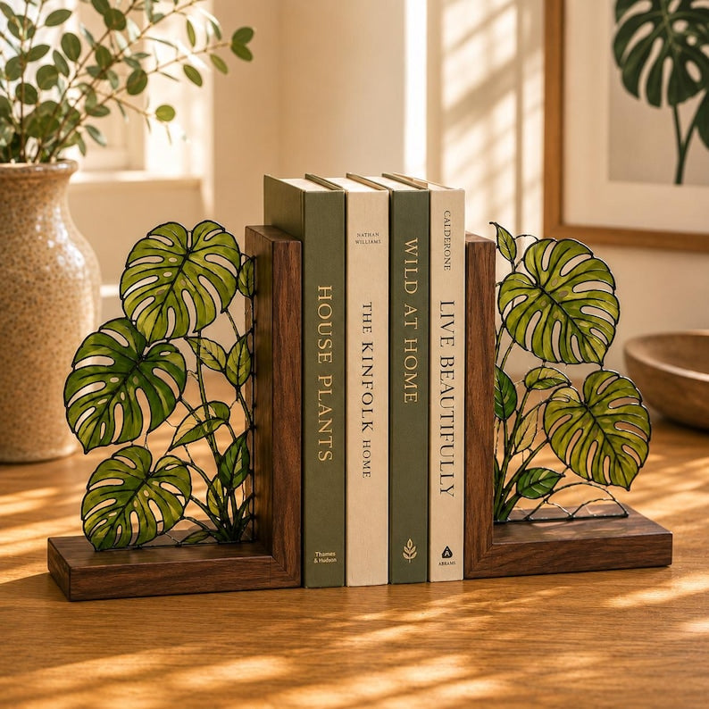 Monstera-Buchstützen aus Buntglas, botanische Buchstützen aus Walnussholz, tropische Pflanzen-Akzente für Bücherregal, Geschenk für Bücherliebhaber