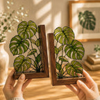 Monstera-Buchstützen aus Buntglas, botanische Buchstützen aus Walnussholz, tropische Pflanzen-Akzente für Bücherregal, Geschenk für Bücherliebhaber