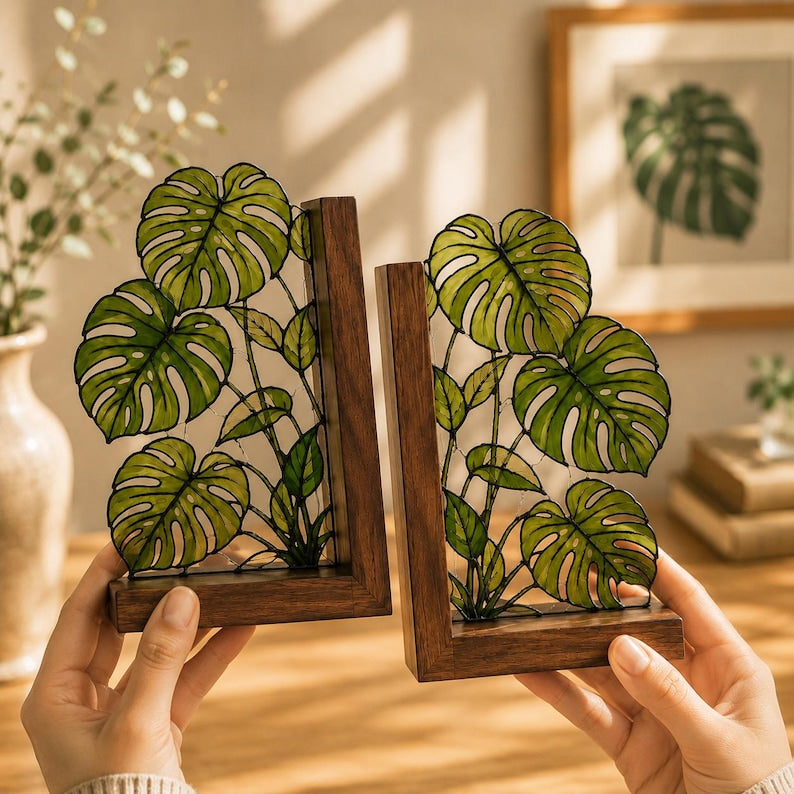 Monstera-Buchstützen aus Buntglas, botanische Buchstützen aus Walnussholz, tropische Pflanzen-Akzente für Bücherregal, Geschenk für Bücherliebhaber