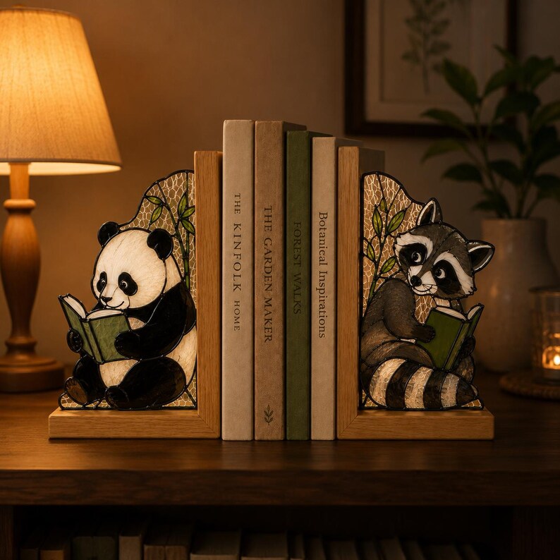 Panda & Waschbär Glas Buchstützen aus Holz, niedliche Tier Buchstützen für Bücherregal, Leseecke und Schreibtisch