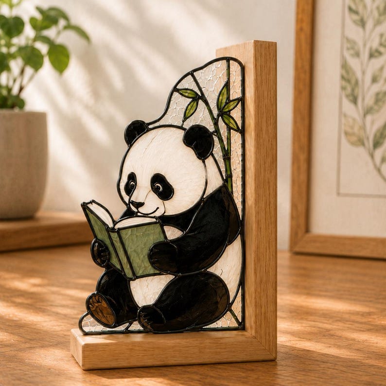 Panda & Waschbär Glas Buchstützen aus Holz, niedliche Tier Buchstützen für Bücherregal, Leseecke und Schreibtisch